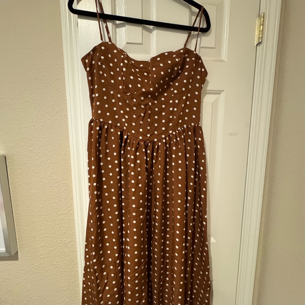 Wink Strapless Brown and White Polka Dot Midi Dress